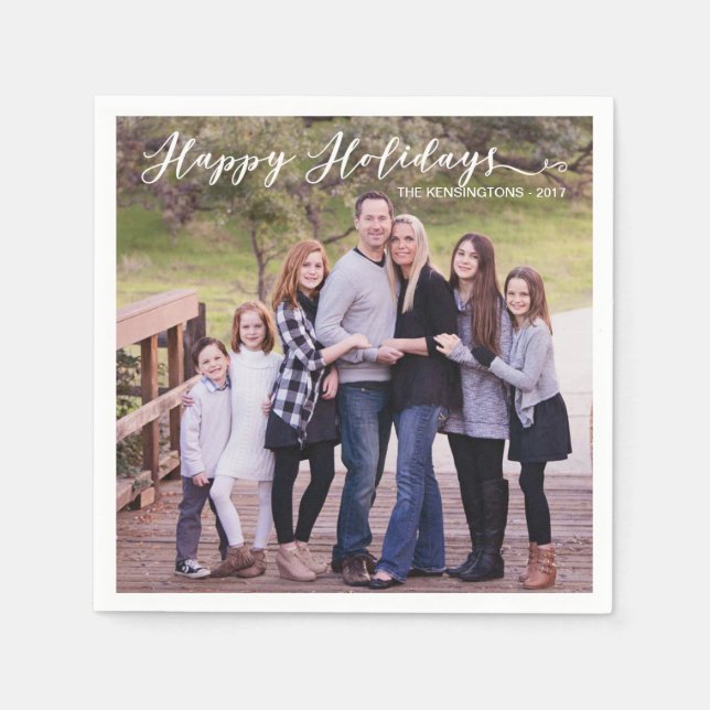 Happy Holidays Elegant Typography Photo Name Napkin (Front)