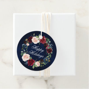 Happy Holidays Elegant Watercolor Floral Wreath Favour Tags