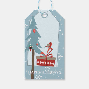 Happy Holidays falling snow reindeer dusty blue Gift Tags