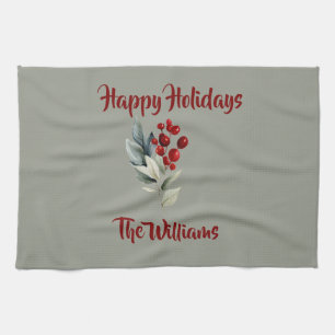 Happy Holidays Family Name Christmas Cherry Tea Towel