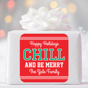 Happy Holidays Family Name Fun Retro Red Green Square Sticker