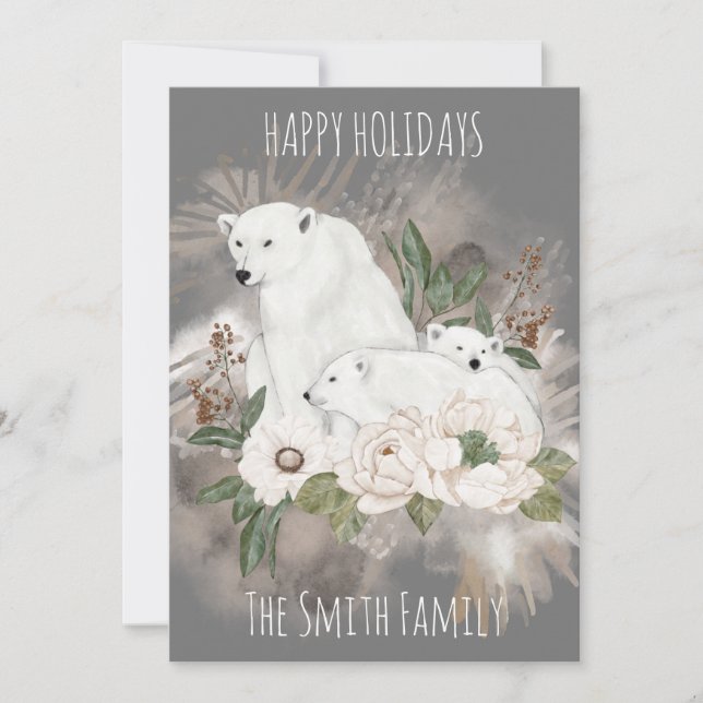 Happy Holidays Family Name Grey Polar Bear  Holiday Card (Front)