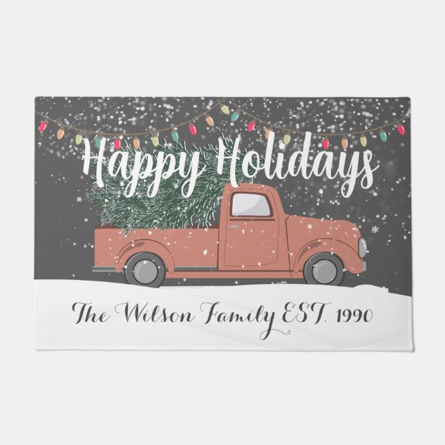 Happy holidays Family name red truck Xmas light Doormat (Front)