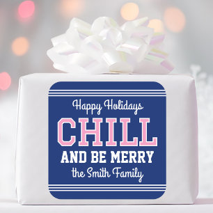Happy Holidays Family Name Retro Fun Navy Pink Square Sticker