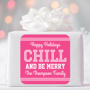 Happy Holidays Family Name Retro Fun Pink Square Sticker