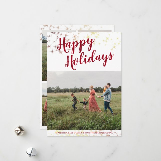 Happy Holidays Family Photo Collage Gold Star Holiday Card (Front/Back In Situ)