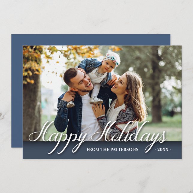 Happy Holidays Family Photo Elegant Modern Blue Card (Front/Back)