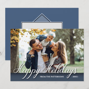 Happy Holidays Family Photo Elegant Modern Blue Card