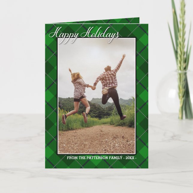 Happy Holidays Family Photo Green Tartan Style Card (Front)