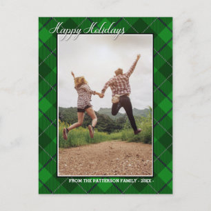 Happy Holidays Family Photo Green Tartan Style Postcard