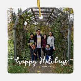 Happy Holidays Family Photo Lettering Modern Chic Ceramic Ornament