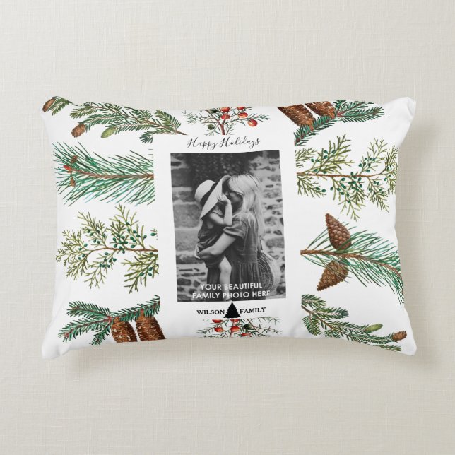 Happy Holidays Family Photo Pine Christmas Decorative Cushion (Front)