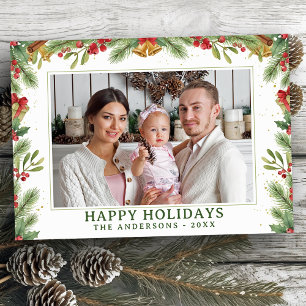 Happy Holidays Family Photo Watercolor Floral Holiday Card