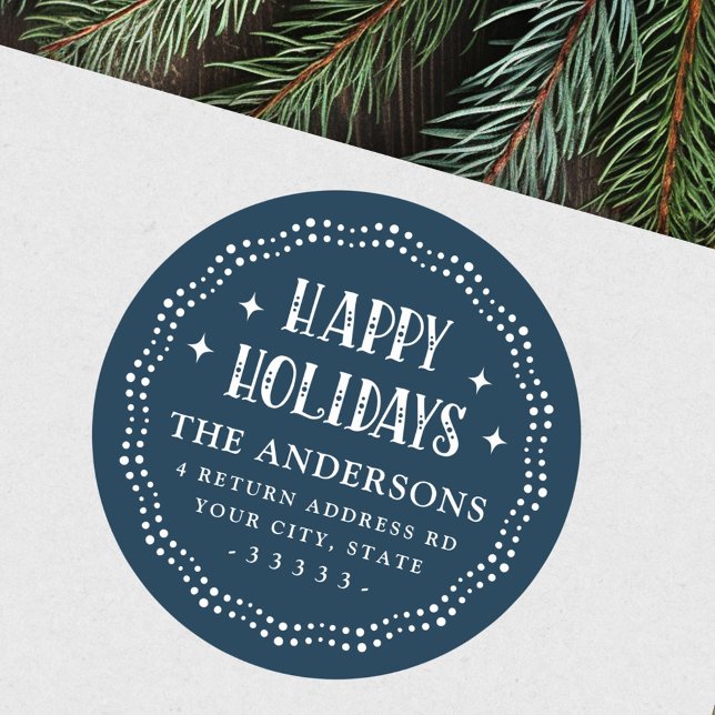 Happy Holidays festive font dot border dark blue Classic Round Sticker (Happy Holidays festive font dot border dark blue Classic Round Sticker)