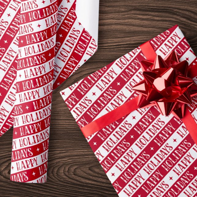 Happy Holidays festive font white red Wrapping Paper (Happy Holidays festive font white red Wrapping Paper)