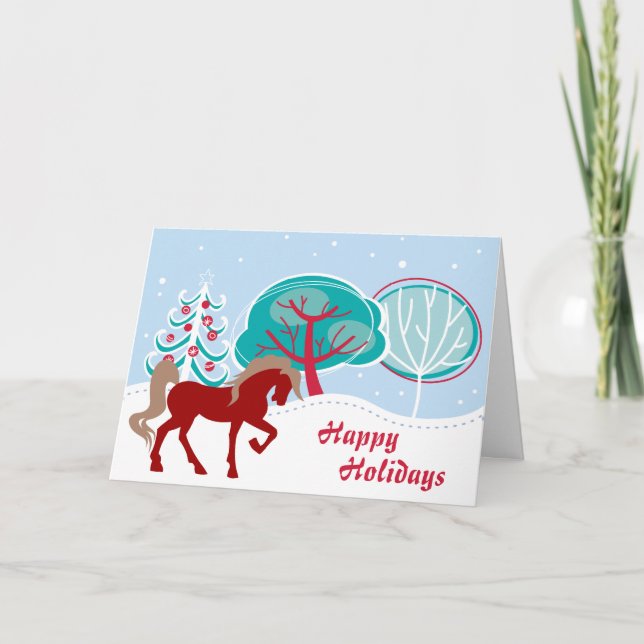 Happy Holidays Festive Horse Snowy Christmas Holiday Card (Front)