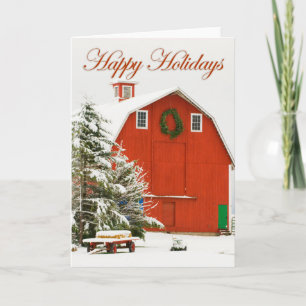 Happy Holidays - Festive red barn in fresh snow Holiday Card
