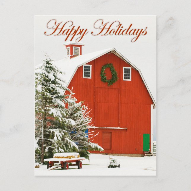 Happy Holidays - Festive red barn in fresh snow Holiday Postcard (Front)
