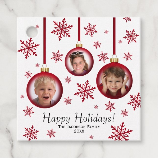 Happy Holidays Festive Red Baubles 3 Photo Favour Tags (Front)