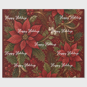 Happy Holidays Floral Crimson Christmas Wrapping Paper