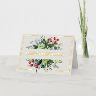 Happy Holidays Floral Gold Script Business Logo Foil Holiday Card