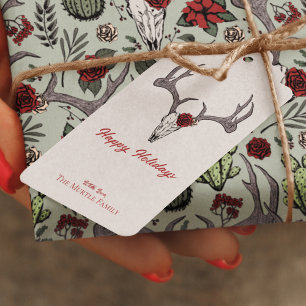 Happy Holidays Floral Reindeer Skull Bull Skull Gift Tags