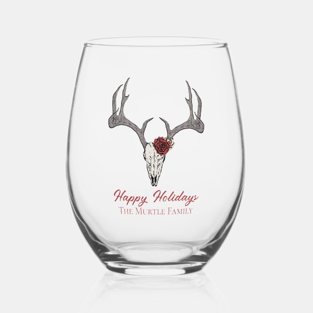 Happy Holidays Floral Reindeer Skull Bull Skull Stemless Wine Glass (Front)