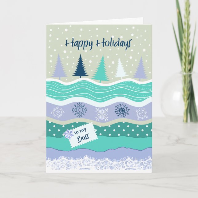 Happy Holidays for Boss Fir Trees Snowflakes Snow Holiday Card (Front)