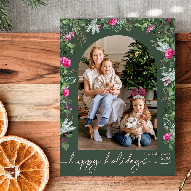 Happy Holidays Forest Green Pink Botanical Arch Holiday Card (Creator Uploaded)