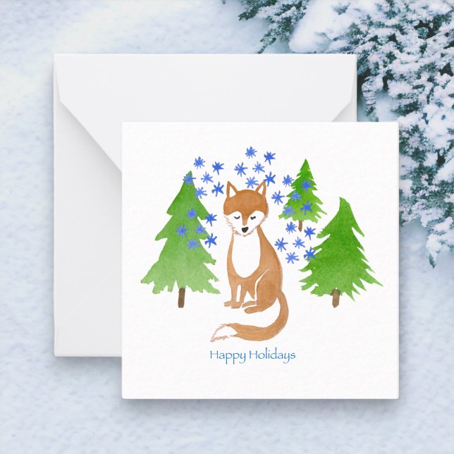 Happy Holidays Fox in the Woods Card (Snowy Fox Original Watercolor Design)