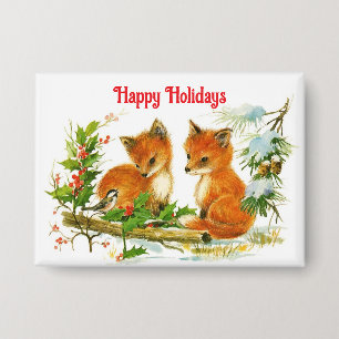 Happy Holidays Foxes Button Pin