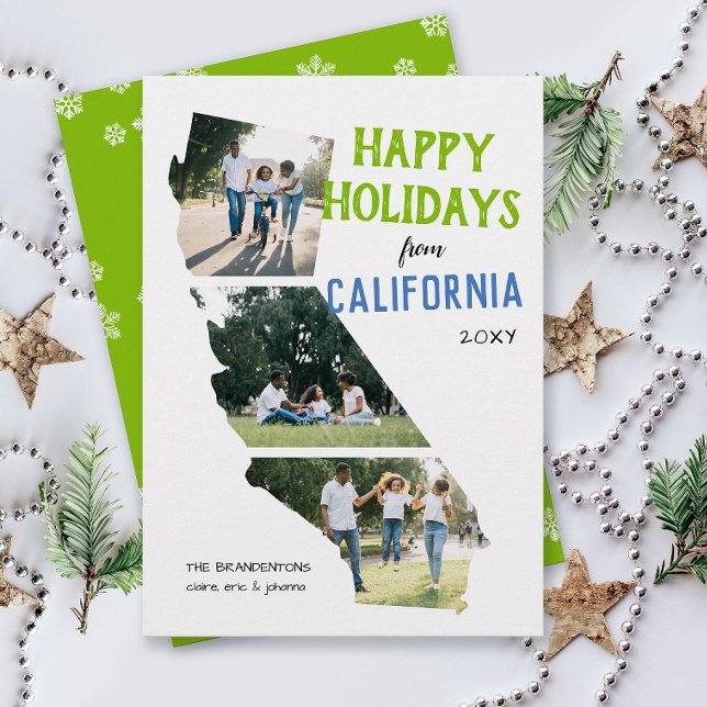 Happy Holidays from California Two Photo Card (From California three photo Christmas holiday card for families, moving announcement )