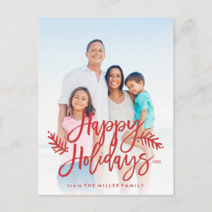 Happy Holidays Full Photo Chic Hand Lettered Red Holiday Postcard