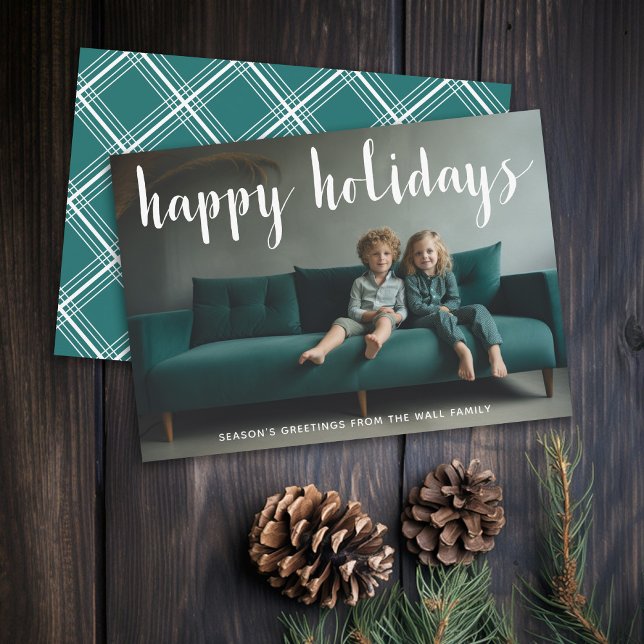 Happy Holidays Full Photo Simple Script Blue Holiday Card (Modern Holiday Greeting Card with Large Photo)