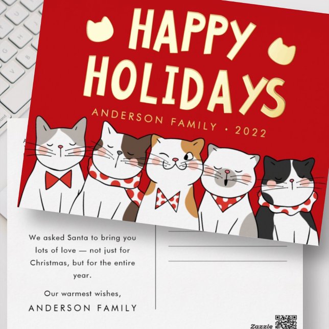 Happy Holidays Funny Cute Cats Caroling Foil Holiday Postcard (Creator Uploaded)