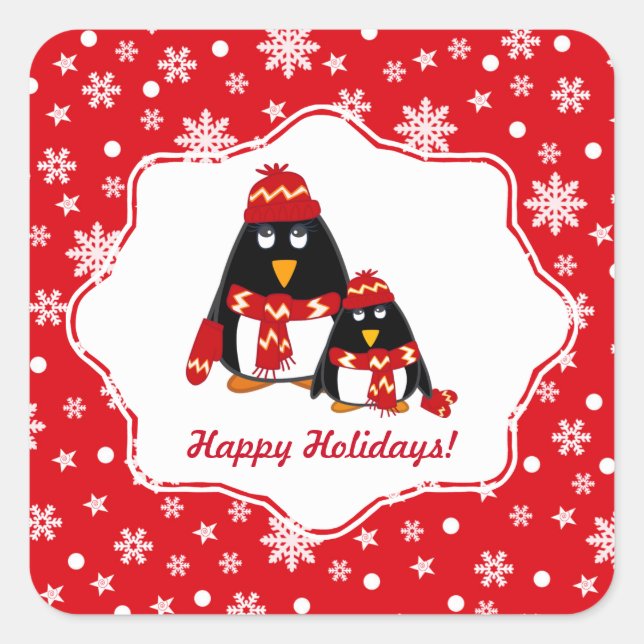 Happy Holidays. Funny Little Penguins Christmas  Square Sticker (Front)