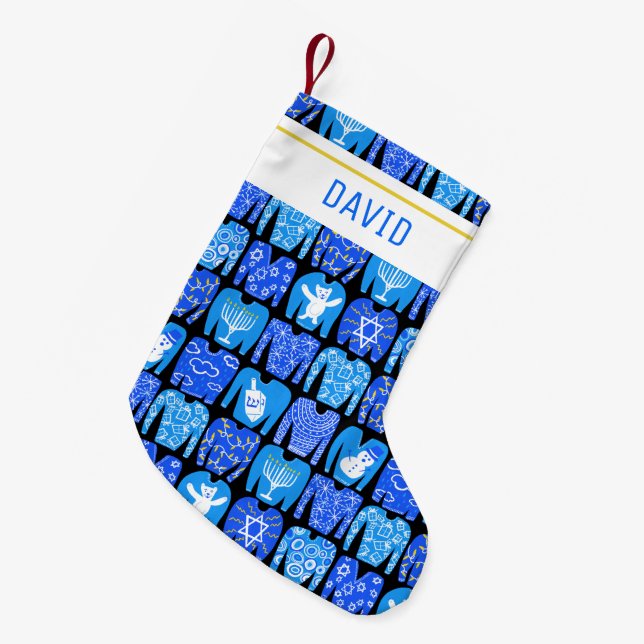 HAPPY HOLIDAYS Funny Ugly Hannukah Sweaters CUSTOM Small Christmas Stocking (Front (Hanging))