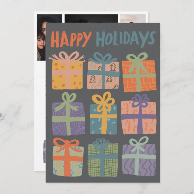 HAPPY HOLIDAYS Gifts Christmas CUSTOM 3 Photos  Holiday Card (Front/Back)