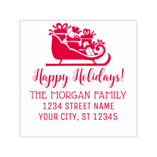 Happy Holidays Gifts in Sleigh Name Return Address Self-inking Stamp