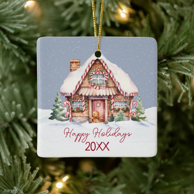 Happy Holidays Gingerbread House Ceramic Ornament (Tree)