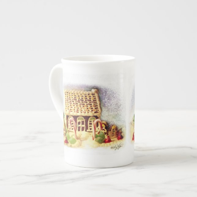 Happy Holidays Gingerbread House China Mug (Front Left)