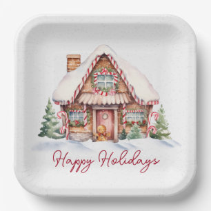 Happy Holidays Gingerbread House Paper Plate