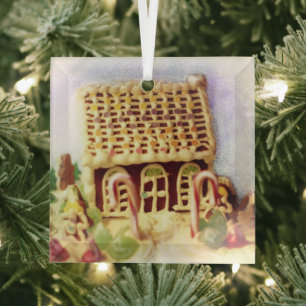 Happy Holidays Gingerbread House Square Glass Tree Decoration