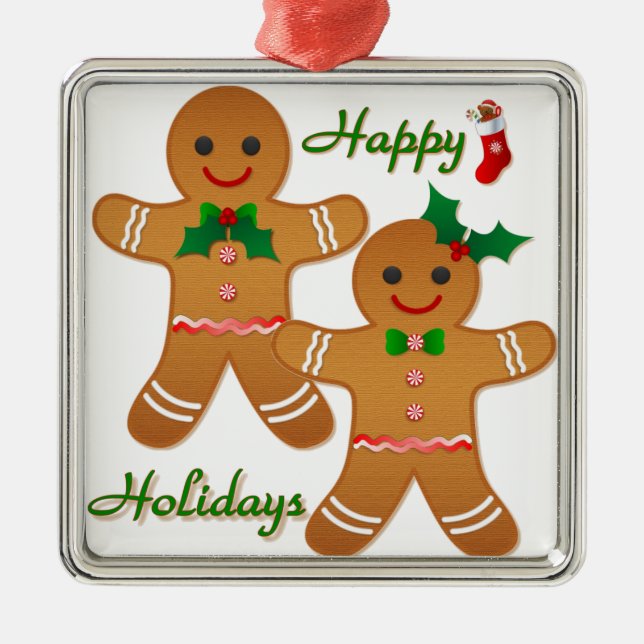 Happy Holidays Gingerbread Man Boy Girl Metal Tree Decoration (Front)