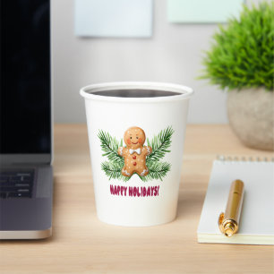 Happy Holidays Gingerbread Man & Pine Branches Paper Cups