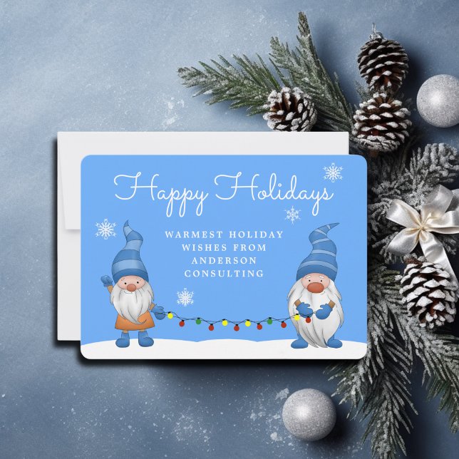 Happy Holidays Gnomes Business Holiday Card Blue (Creator Uploaded)