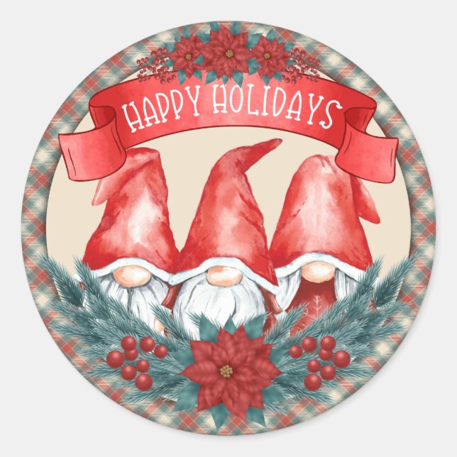 Happy Holidays Gnomes Classic Round Sticker (Front)