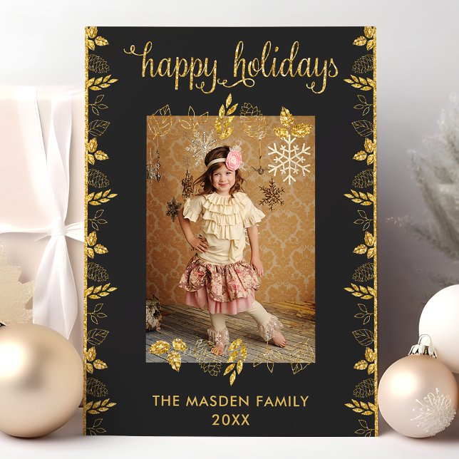 Happy Holidays Gold Black Christmas Photo Holiday Card (Creator Uploaded)