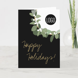 Happy Holidays Gold black Modern Wreath Your Logo Holiday Card