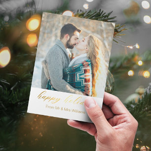 happy holidays gold calligraphy newlyweds photo card